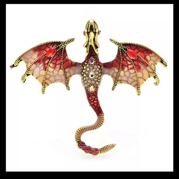 Silver titanium flames red enamel and crystal dragon goth brooch new - Picture 4 of 5